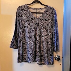 Pure Jill -J Jill Blue Floral Printed V Neck 3/4 Sleeve Tee 100% Cotton - L